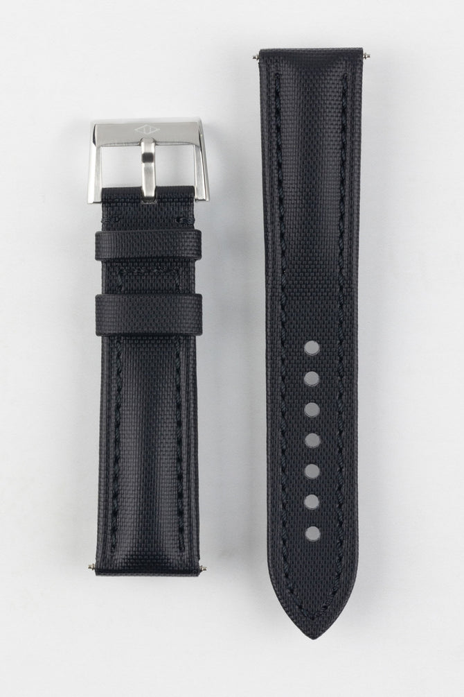 Upper side of Artem Straps Classic Black Sailcloth watch strap with black stitching   and Artem Straps embossed silver buckle.