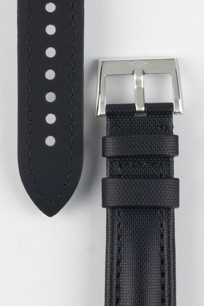 Artem Straps classic watch strap in Black with black stitching with silver Artem logo embossed buckle. 