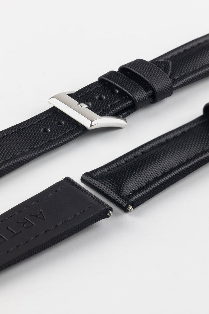 Artem Straps Classic Sailcloth in Black with polished stainless steel Artem logo tang buckle.