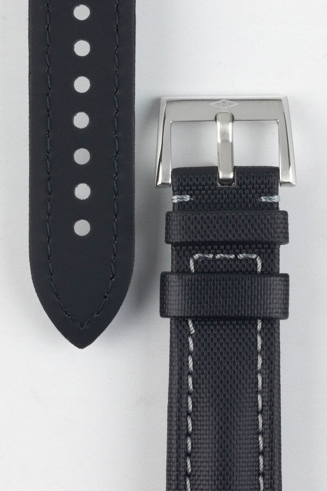 Artem Straps classic watch strap in Black with grey stitching and stainless steel Artem logo embossed buckle.