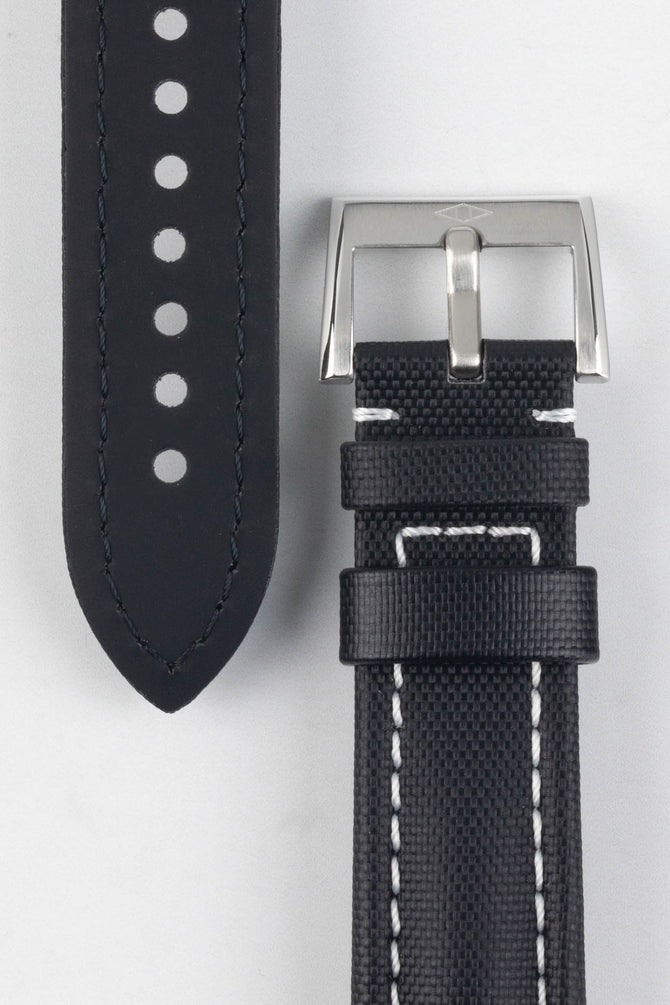 Artem Straps classic watch strap in Black with white stitching and stainless steel Artem logo embossed buckle.