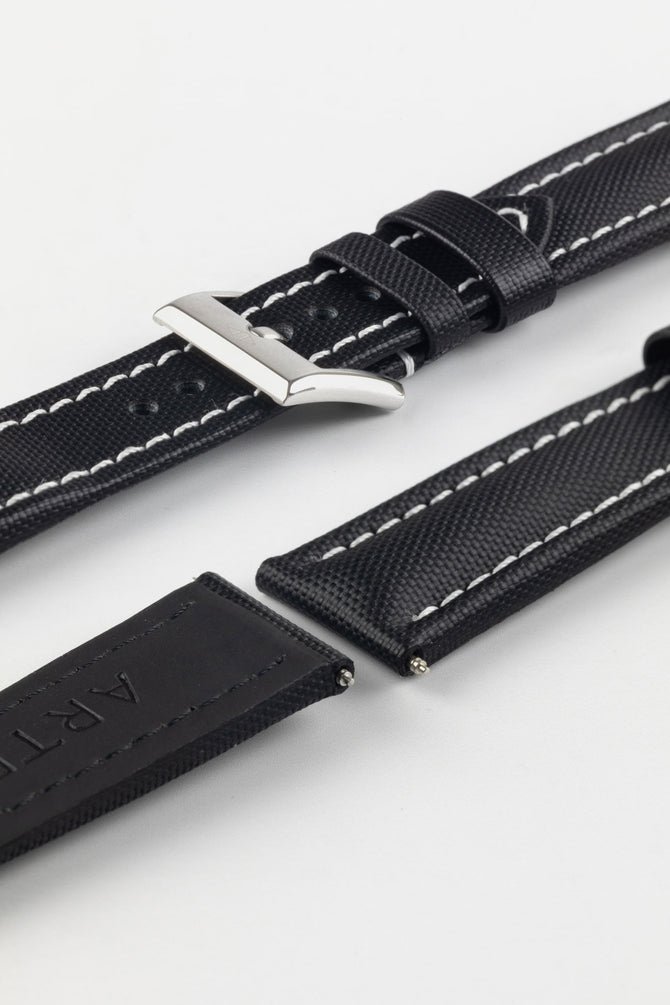 Artem Straps Classic Black Sailcloth and white stitching with stainless steel Artem logo embossed tang buckle.