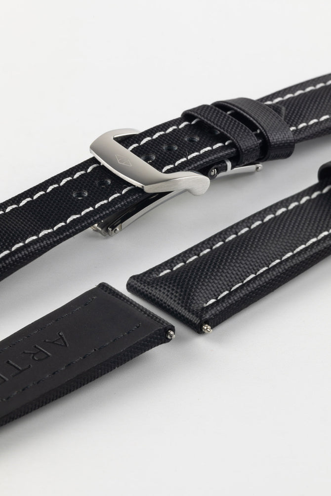 Artem Straps Classic Black sailcloth with white stitching and stainless steel Artem logo RM style deployment clasp