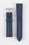 Upper side of Navy Blue Artem Straps classic sailcloth watch strap with Stainless Steel Artem logo embossed pin buckle