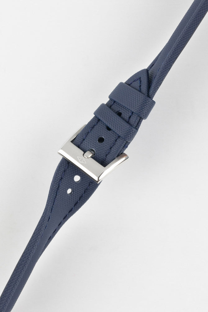 Artem Straps Navy Blue Classic Sailcloth watch strap with polished stainless steel Artem embossed tang buckle that's been twisted to show durability and flexibility. 