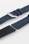Stainless Steel pin buckle with Artem Straps logo embossed on Artem Straps Navy Blue Classic Sailcloth watch strap and top and bottom of Lug end showing rubber coated underside.