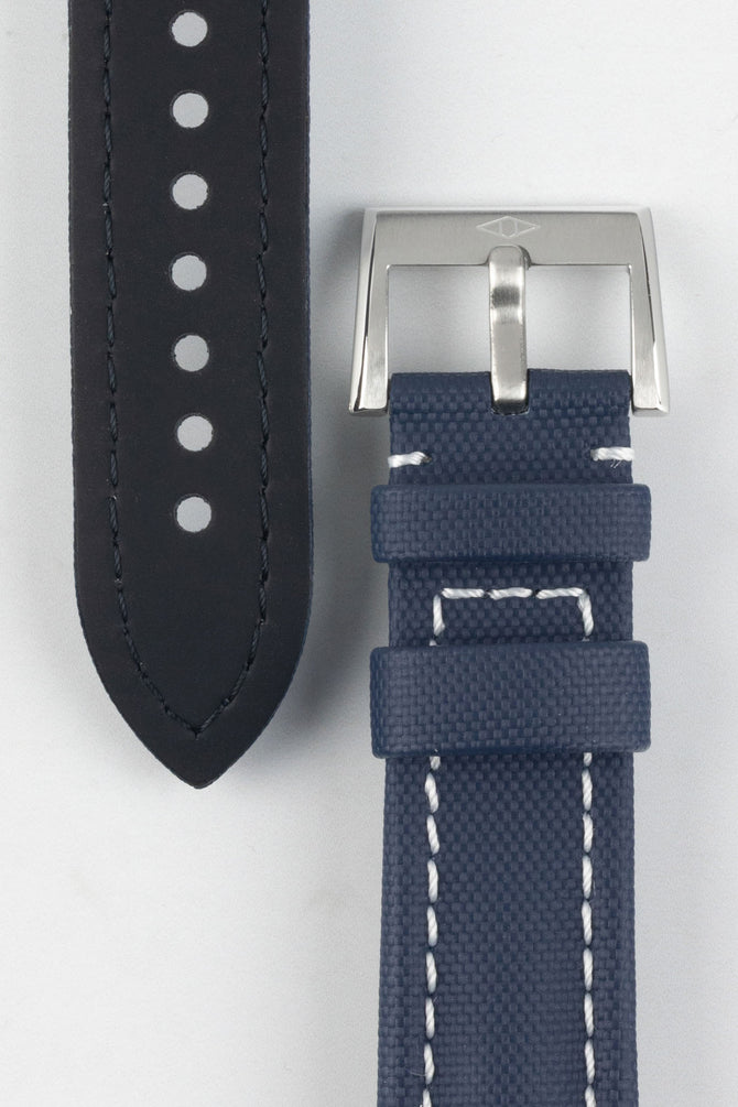 Artem Classic Navy Blue and white stitching  Sailcloth Watch Strap with Stainless Steel tang buckle and black rubber underside of buckle end.