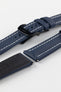 PVD black RM style deployment clasp with Artem Straps logo embossed on Artem Straps Navy Blue Classic Sailcloth watch strap with white stitching and top and bottom of Lug end showing rubber coated natural leather underside.