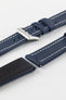 Stainless Steel pin buckle with Artem Straps logo embossed on Artem Straps Navy Blue Classic Sailcloth watch strap with white stitching and top and bottom of Lug end showing rubber coated underside.