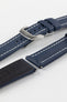 Polished stainless steel RM style deployment clasp with Artem Straps logo embossed on Artem Straps Navy Blue and white stitching Classic Sailcloth watch strap and top and bottom of Lug end showing rubber coated underside.