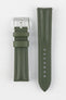 Upper side of Green Artem Straps sailcloth with green stitching and Artem embossed steel tang buckle. 