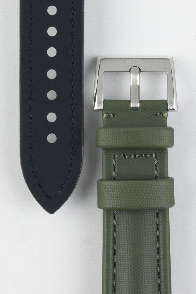 Artem Classic Green Sailcloth Watch Strap underneath of buckle end and  top of lug end with Artem embossed stainless steel tang buckle. 