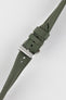 Artem Straps Green Sailcloth Watch Strap with Artem embossed tang buckle twisted to show flexibility and durability. 