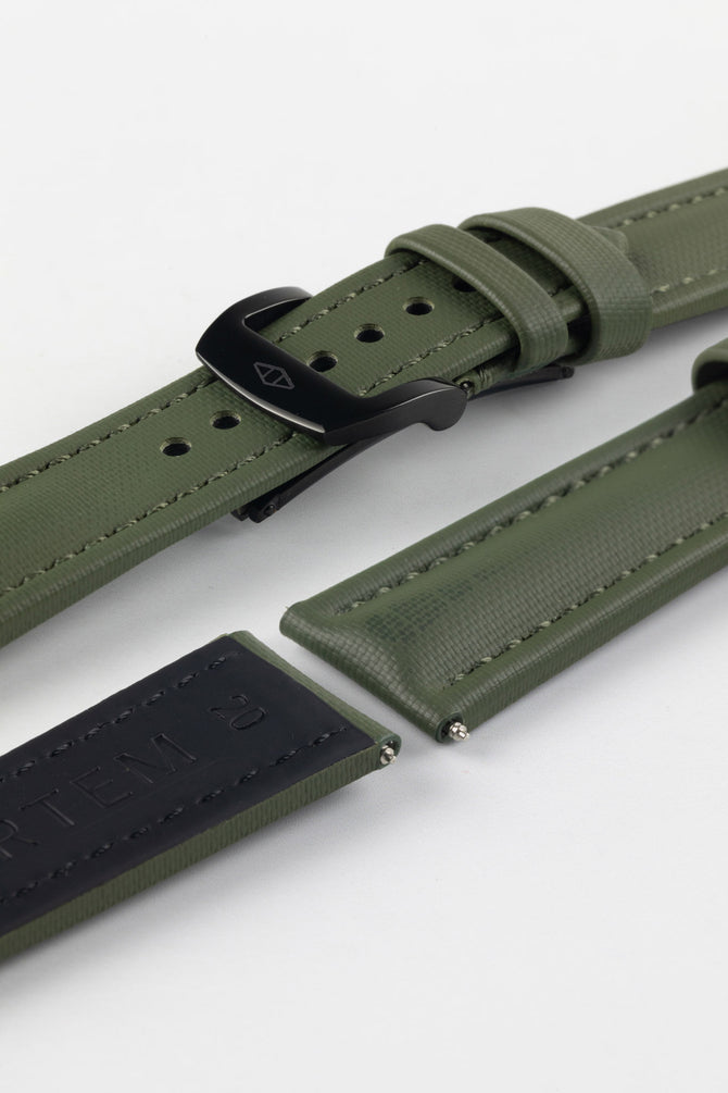 Green Artem Straps Classic Sailcloth strap with Artem embossed PVD RM style deployment clasp and topside and black rubber coated underside. 