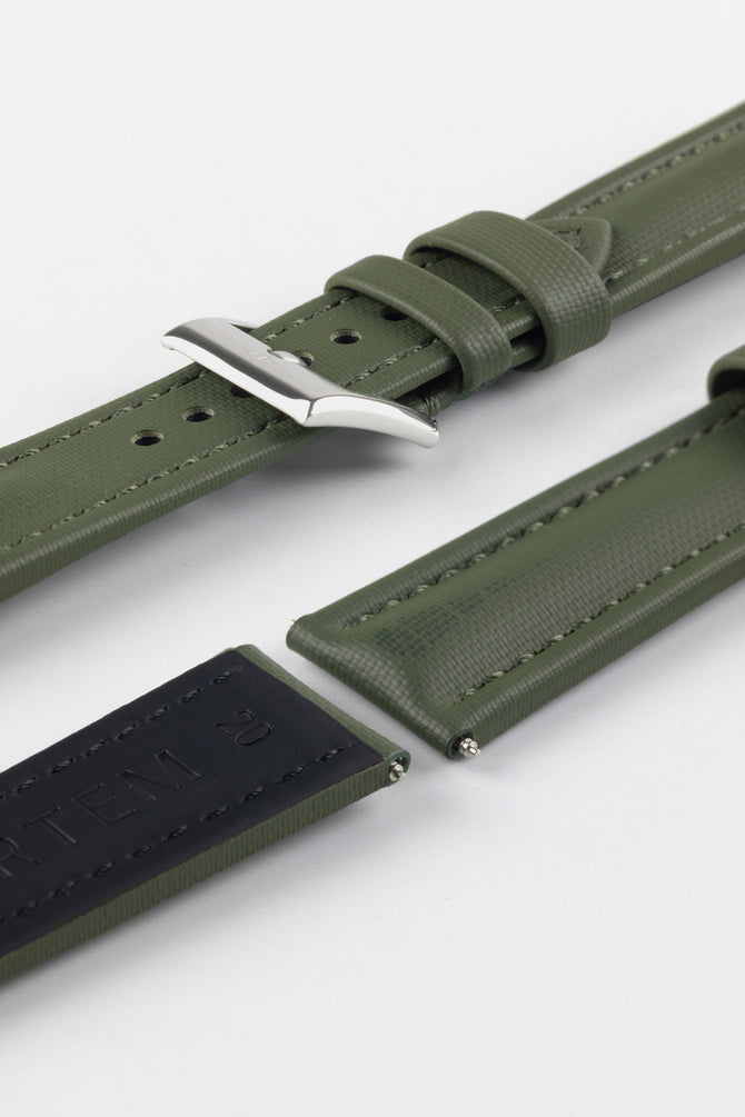 Green Artem Straps Classic Sailcloth strap with Artem embossed Stainless Steel tang buckle.