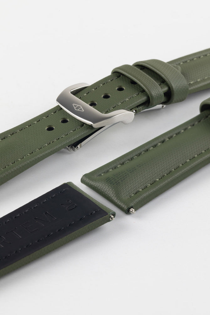 Green Artem Straps Classic Sailcloth strap with Artem embossed Stainless Steel RM style deployment clasp and topside and underside of lug end.