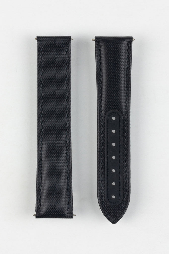 Upper Side of Artem Loop-Less Black Sailcloth watch strap with Black Stitching 