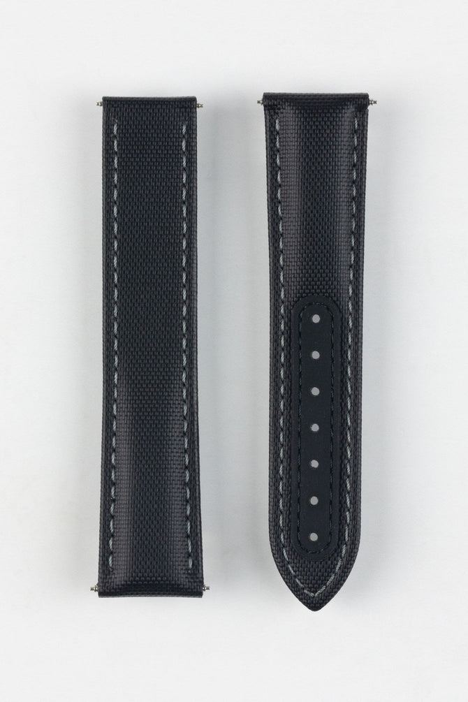 Upper Side of Artem Loop-Less Black Sailcloth watch strap with Grey Stitching