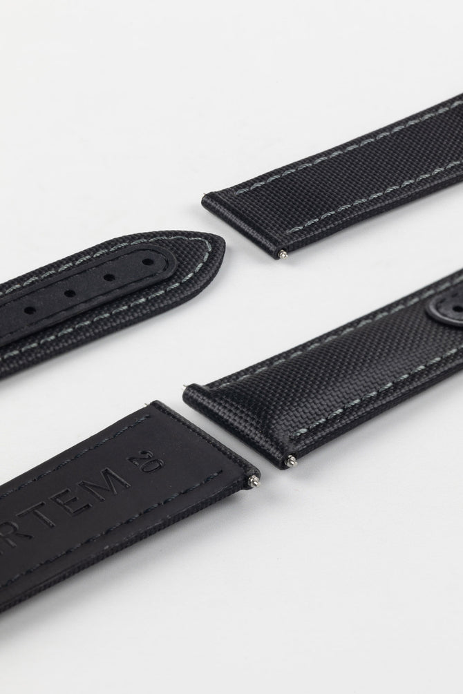 Artem Straps Loop Less Black Sailcloth with grey stitching without deployment clasp showing  silicone adjustment holes,  silver Artem stainless steel spring bars and rubber coated leather underside.