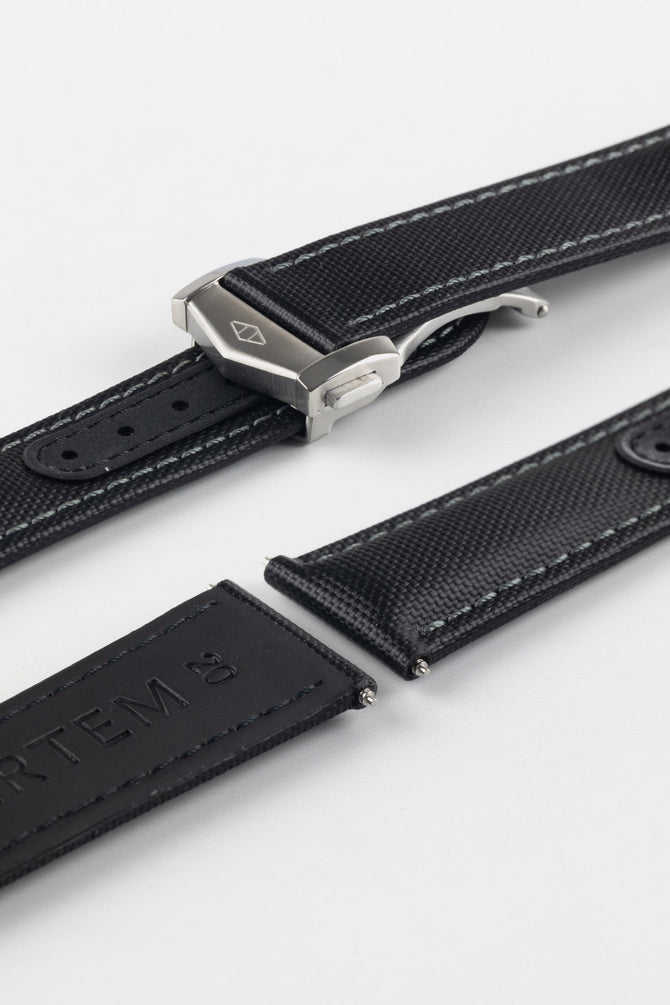 Artem Loop-Less Black with grey stitching Sailcloth with Polished Stainless Steel Loop-Less Deployment Buckle on rubber coated underside and stainless steel spring bars.