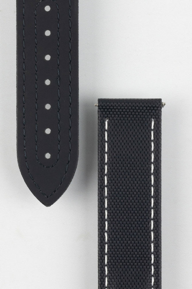 Artem Straps Loop-Less Sailcloth strap in Black with white stitching watch end and buckle end with rubber underside