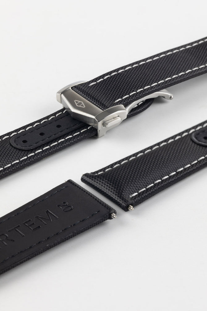 Artem Strap Loop-Less Deployment Clasp in Stainless Steel attached to Black Loop-Less Sailcloth watch strap