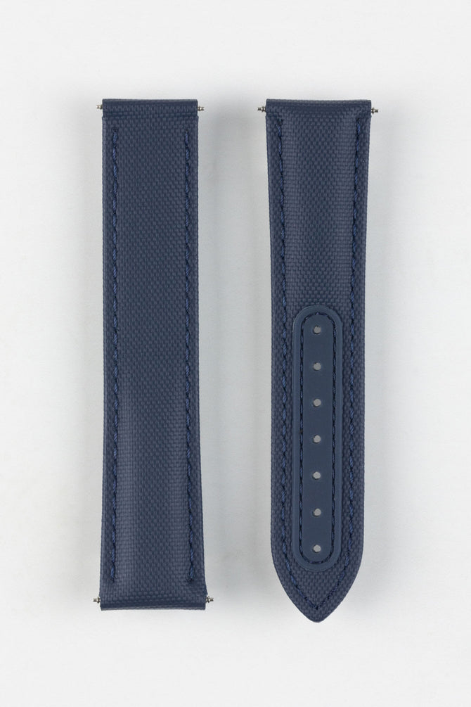 Navy Blue Artem Loop-Less Sailcloth Watch Strap  with Atem's stainless steel spring bars and silicone adjustment holes