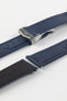 Stainless steel Loop-Less deployment clasp on top of silicone adjustment holes and Navy Blue Artem Sailcloth watch strap with rubber coated leather underside