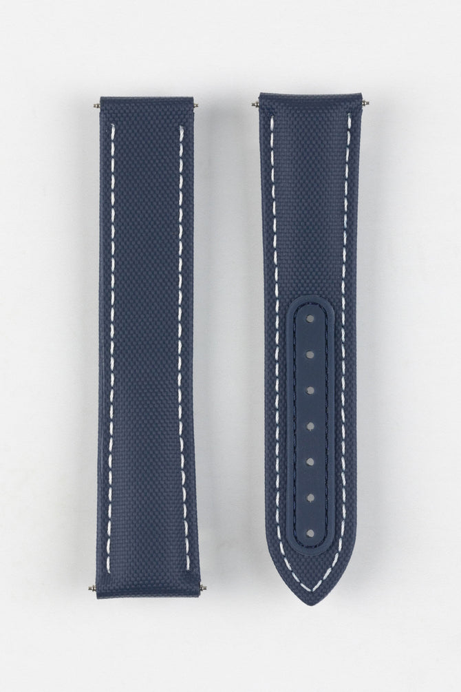 Navy Blue  with white stitching Artem Loop-Less Sailcloth Watch Strap with Atem's stainless steel spring bars and silicone adjustment holes