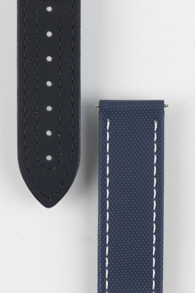 Rubber coated Natural Leather Underside and Synthetic Upperside of Navy Blue and White Artem Straps Loop-Less Sailcloth watch strap