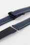 Black DLC stainless steel Loop-Less deployment clasp on top of silicone adjustment holes and Navy Blue Artem Sailcloth watch strap with white stitching and rubber coated leather underside