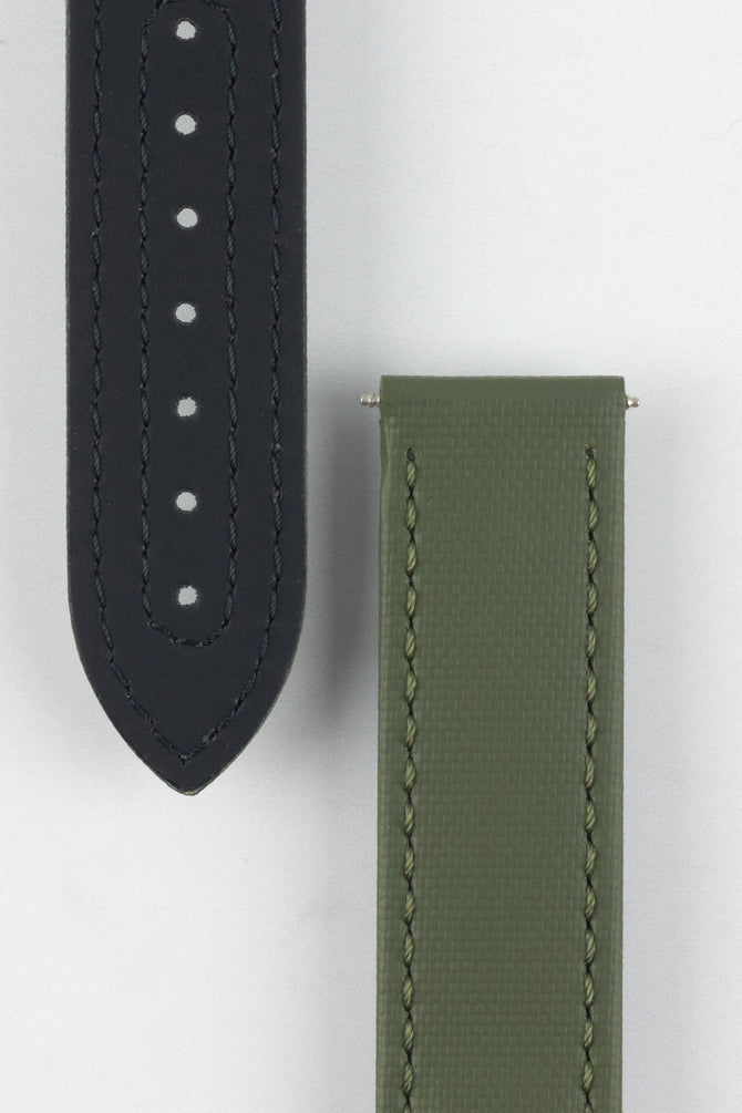 Natural Rubber underside of adjustment holes and lug upper side of Artem Straps Loop-Less Sailcloth watch strap in Khaki Green