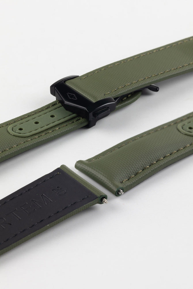 Green and Khaki Artem Loop-Less Sailcloth watch strap with Artem DLC black Loop-Less deployment clasp 