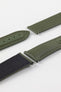 Artem Loop-Less Sailcloth Watch Strap in Green and Khaki without Deployment Clasp showing rubber coated leather underside and silicone adjustment holes. 