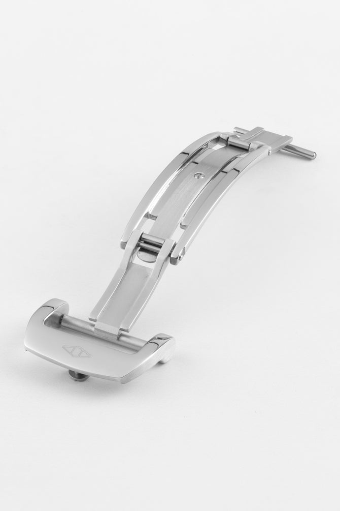 Open Artem Straps RM style deployment clasp in brushed and polished stainless steel showing leaf spring mechanism and subtle curvature for optimal wrist comfort 