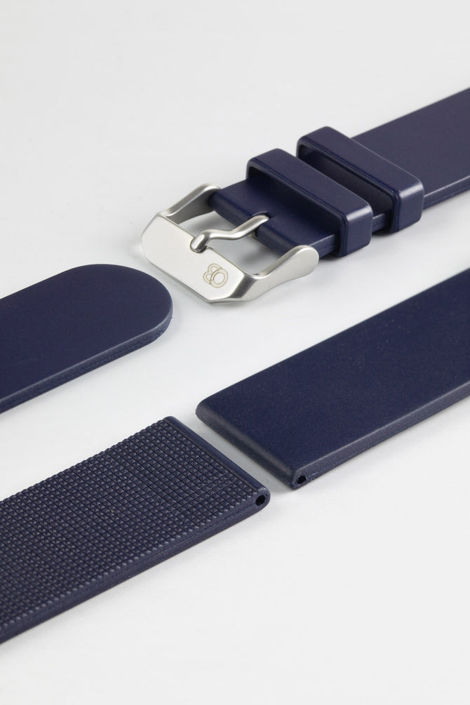 Upper and lower of Bonetto Cinturini 270 Self Punch Rubber Watch Strap in Navy Blue with embossed brushed steel buckle