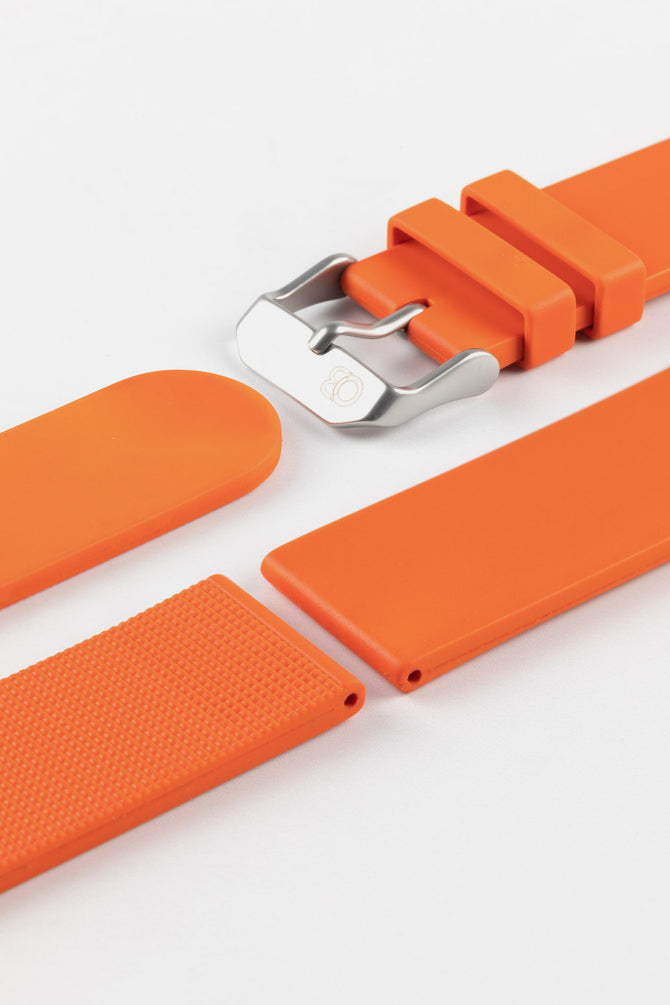 Bucke and Lug end of Orange Bonetto Cinturini 270 Self Punch Rubber Watch Strap with Brushed Steel buckle