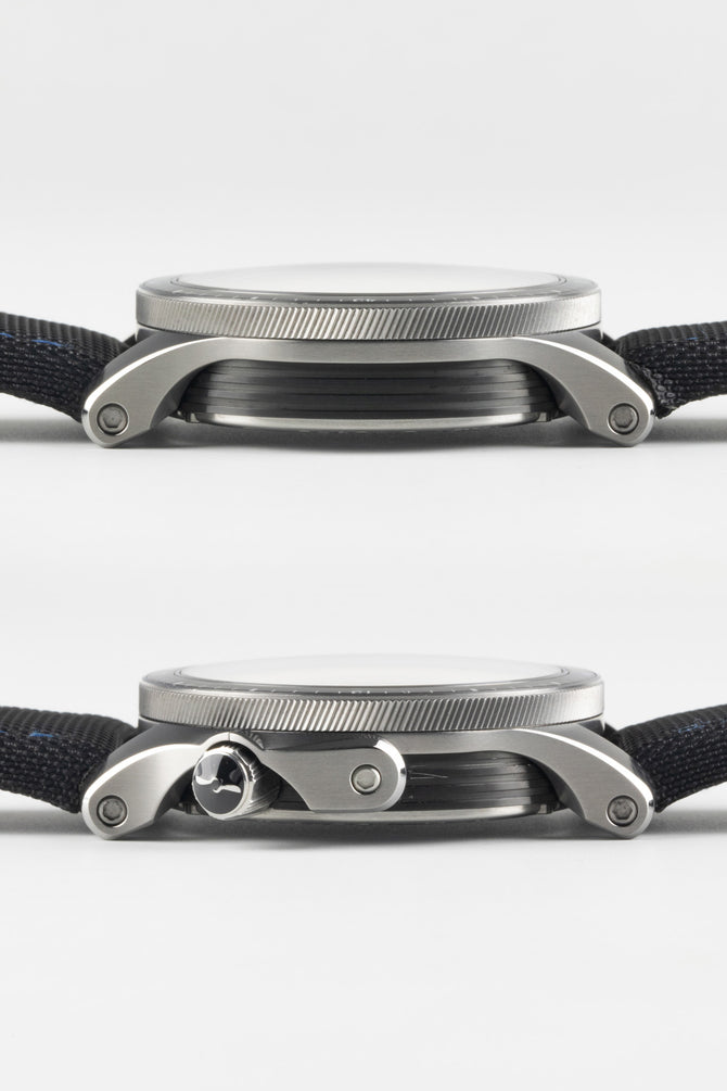Sides of Bremont Pilots watch with Boeing logo on the crown with unique screw in allen key lugs