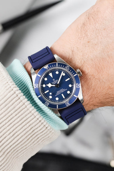 Matching blue watch and strap combo with Tudor Black Bay 58 and Crafter Blue UX07 Rubber Strap