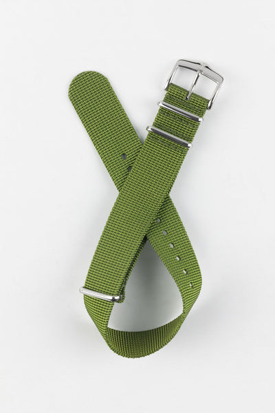 Curved watch strap showing the flexibility of the recycled polyester fabric