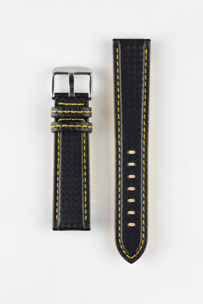 Morellato BIKING Carbon Fibre-Embossed Calfskin Leather Watch Strap in BLACK with YELLOW Stitching