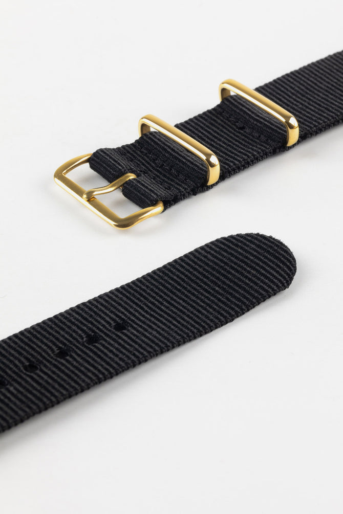 Nylon Watch Strap in BLACK with Gold Buckle and Keepers