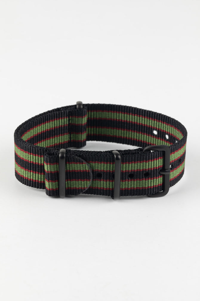 Nylon Watch Strap in BLACK/OLIVE/RED with PVD Buckle and Keepers