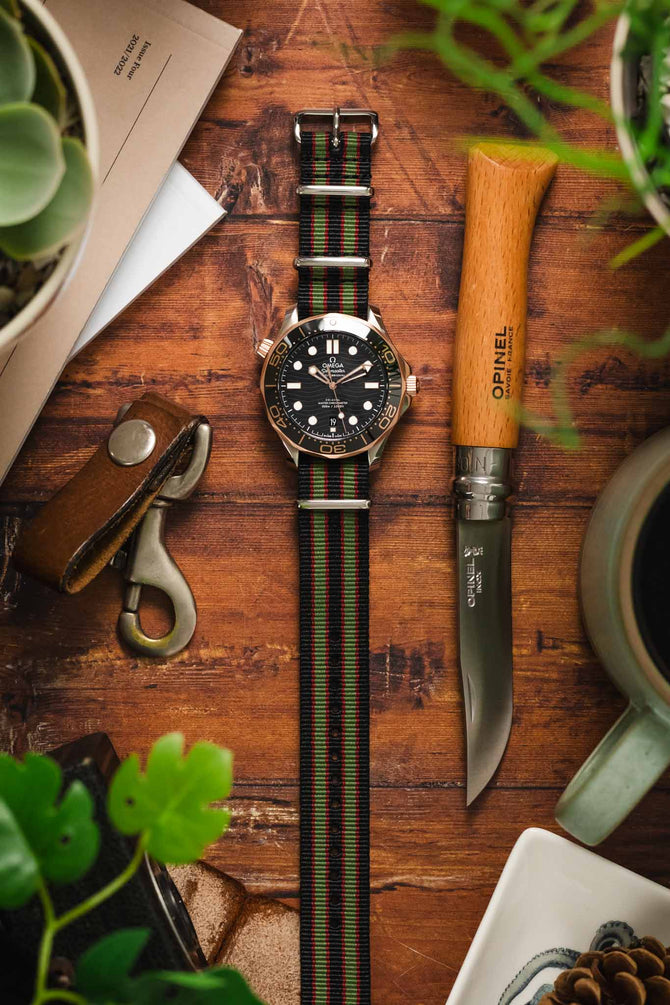 Nylon Watch Strap in BLACK/OLIVE/RED with Polished Buckle and Keepers