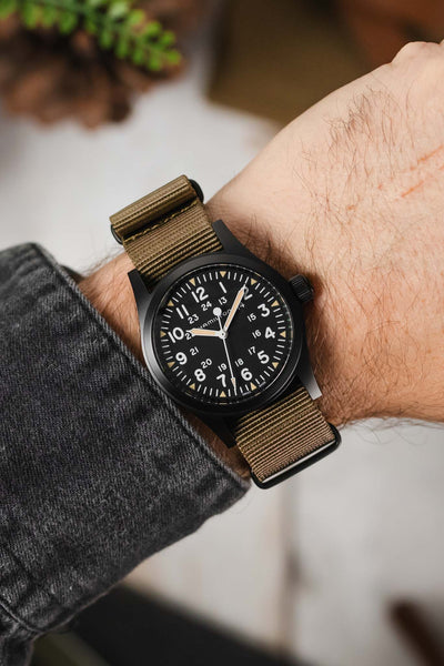 One-Piece Watch Strap in KHAKI with PVD Buckle and Keepers