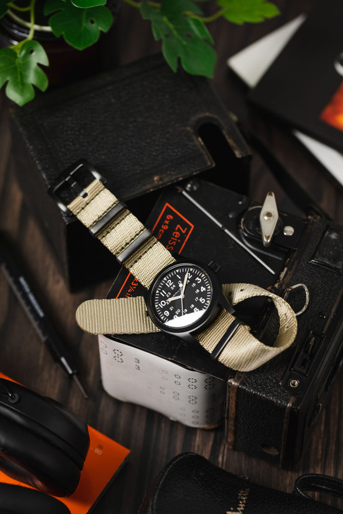 Seatbelt Nylon Watch Strap in OATMEAL with BLACK PVD Hardware