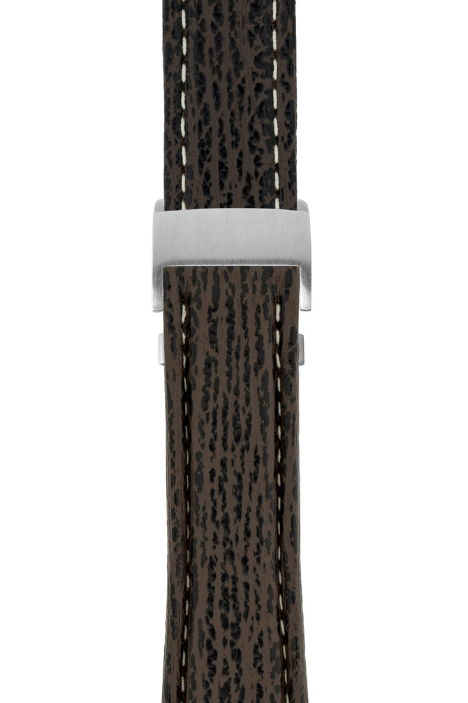 Breitling-Style Sharkskin Leather Deployment Watch Strap in Brown (with Brushed Silver Deployment Clasp)