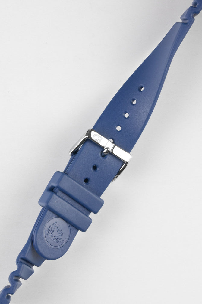 Blue Bonetto Cinturini Rubber Strap Buckled and twisted to show flexibility