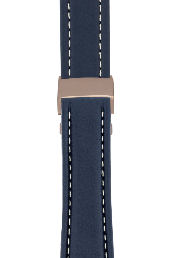 Breitling-Style Calfskin Deployment Watch Strap in Blue (with Polished Rose Gold Deployment Clasp)
