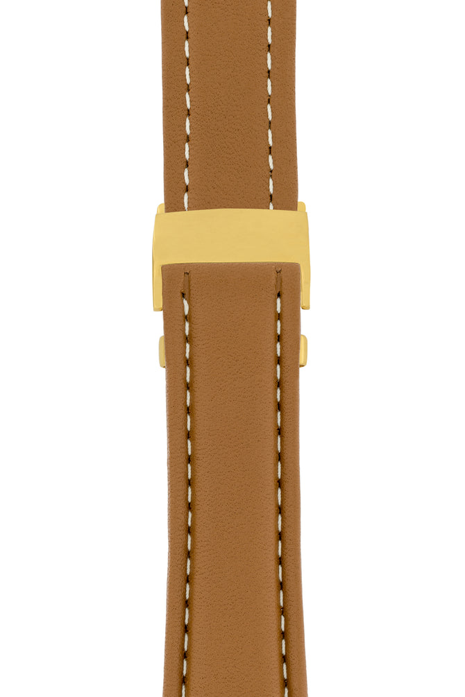 Breitling-Style Calfskin Deployment Watch Strap in Caramel Brown (with Polished Gold Deployment Clasp)